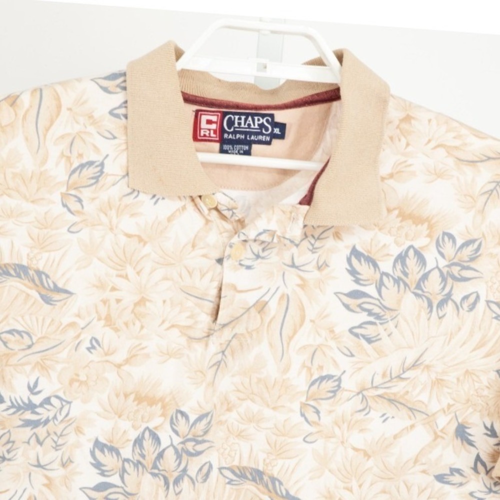 Chaps Ralph Lauren Polo Shirt Mens XL Beige Floral Tropical Cotton Made in USA